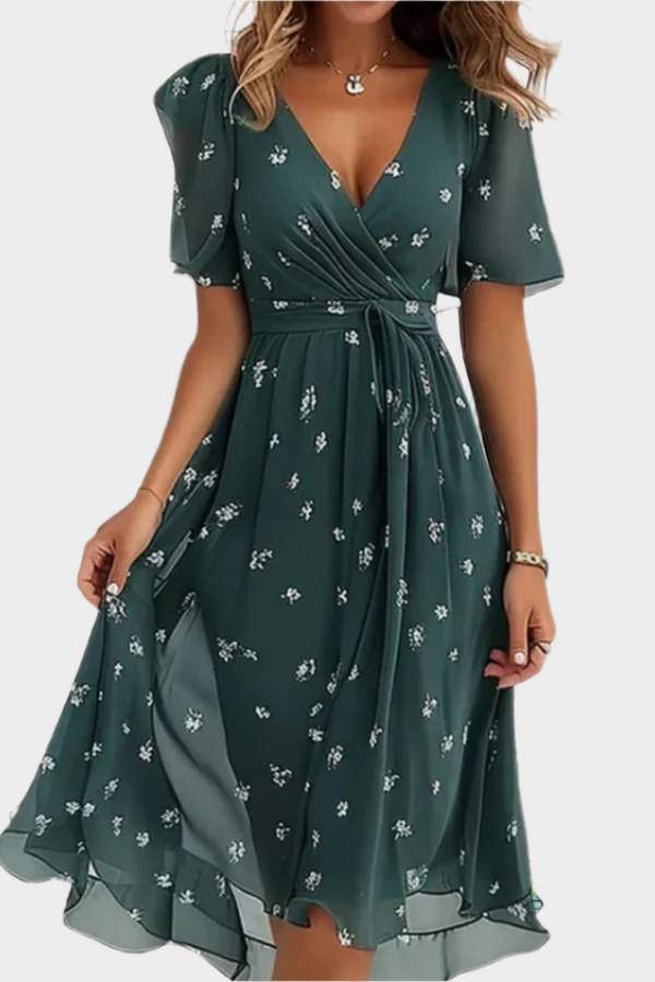 Airy Dress with Floral Design and V-Neck