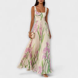 Penelope™ | Long chiffon dress with pleated flowers