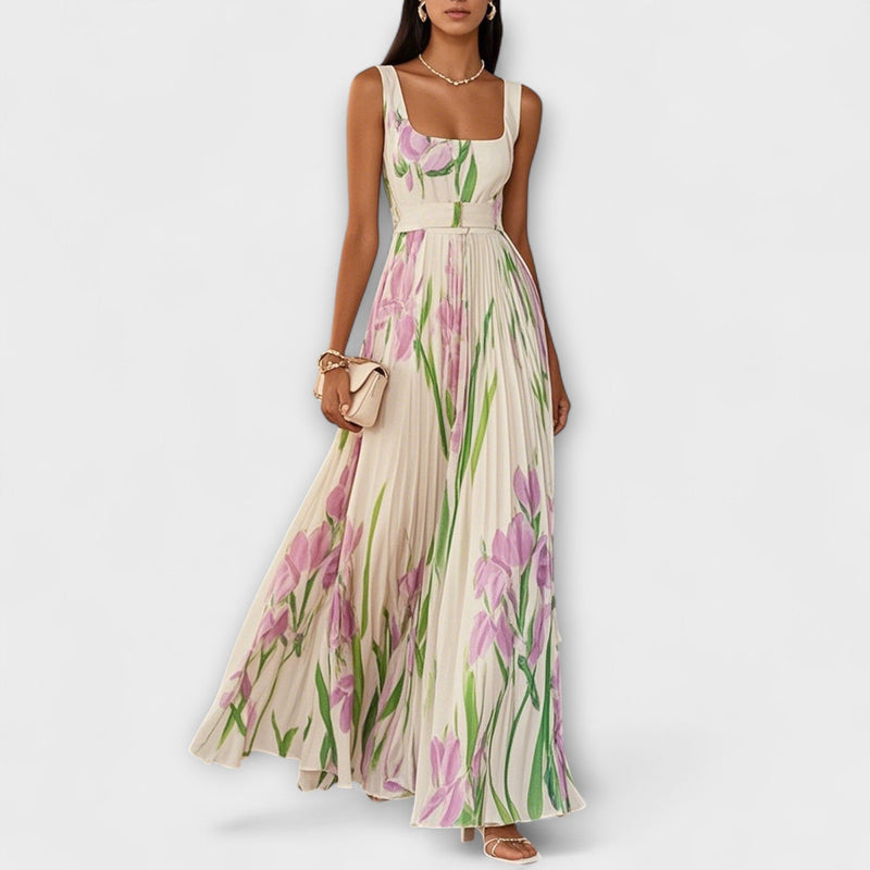 Penelope™ | Long chiffon dress with pleated flowers