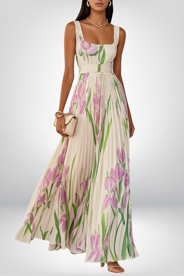 Penelope™ | Long chiffon dress with pleated flowers