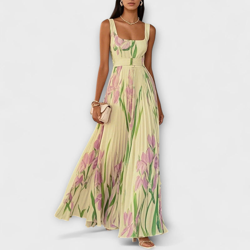 Penelope™ | Long chiffon dress with pleated flowers