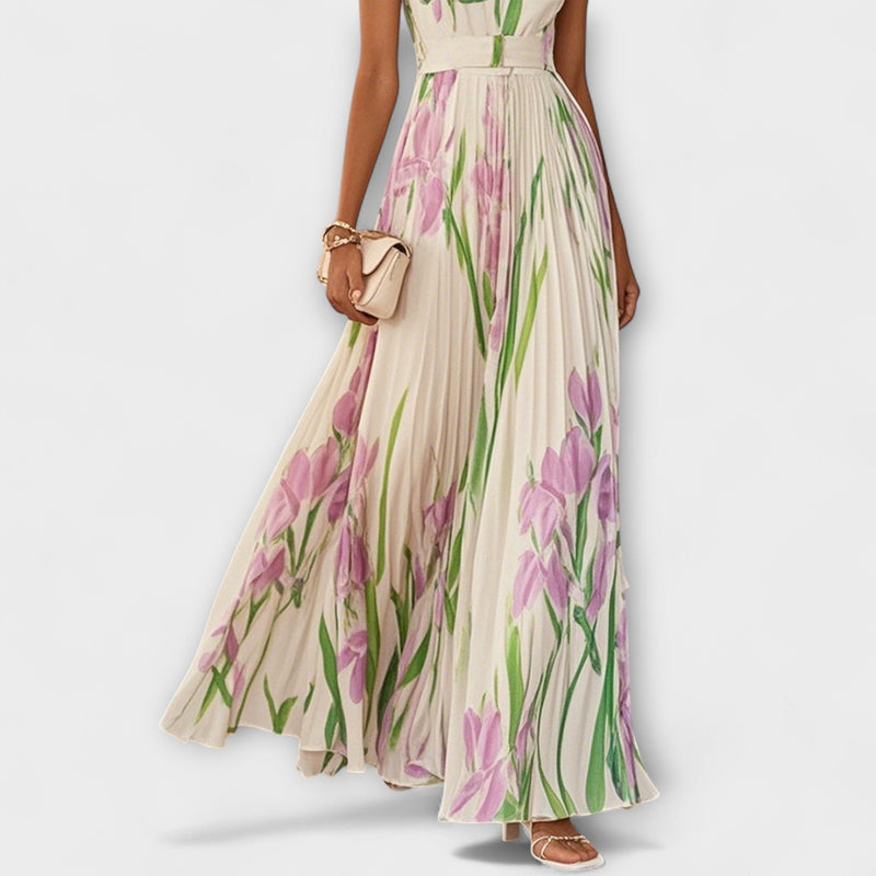 Penelope™ | Long chiffon dress with pleated flowers