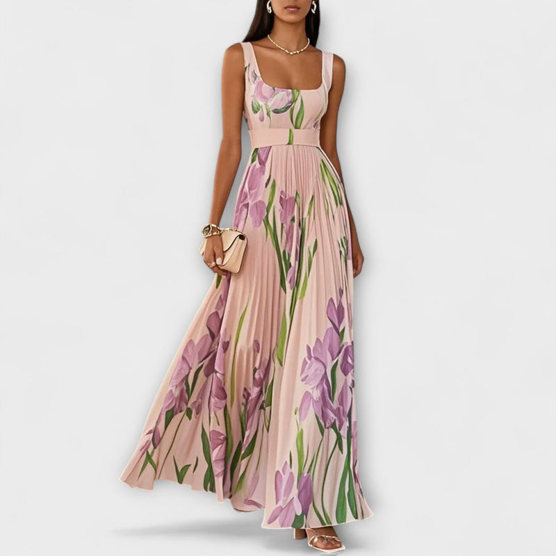Penelope™ | Long chiffon dress with pleated flowers