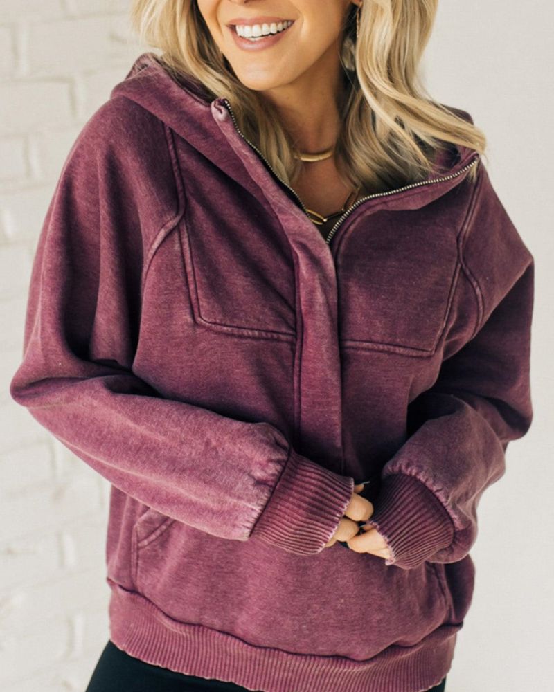 Nalas - Felpa con cappuccio in pile lavato acido con zip Henley 