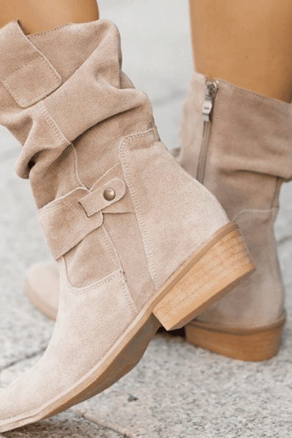 Thora - Faux Suede Flock Mid-Calf Knight Boots