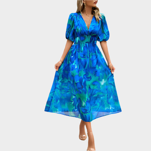 Elegante abito midi con maniche a sbuffo