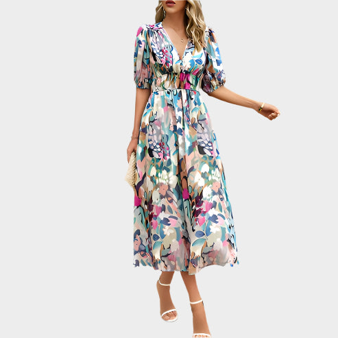 Elegante vestido midi con mangas abullonadas