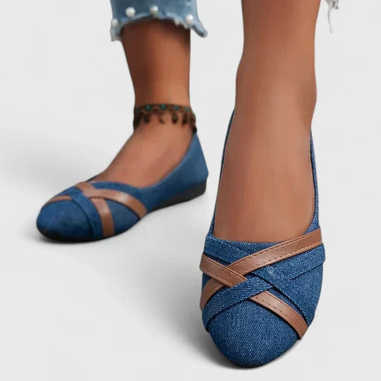 NATHALIE – CROSS-STRAP DENIM FLATS