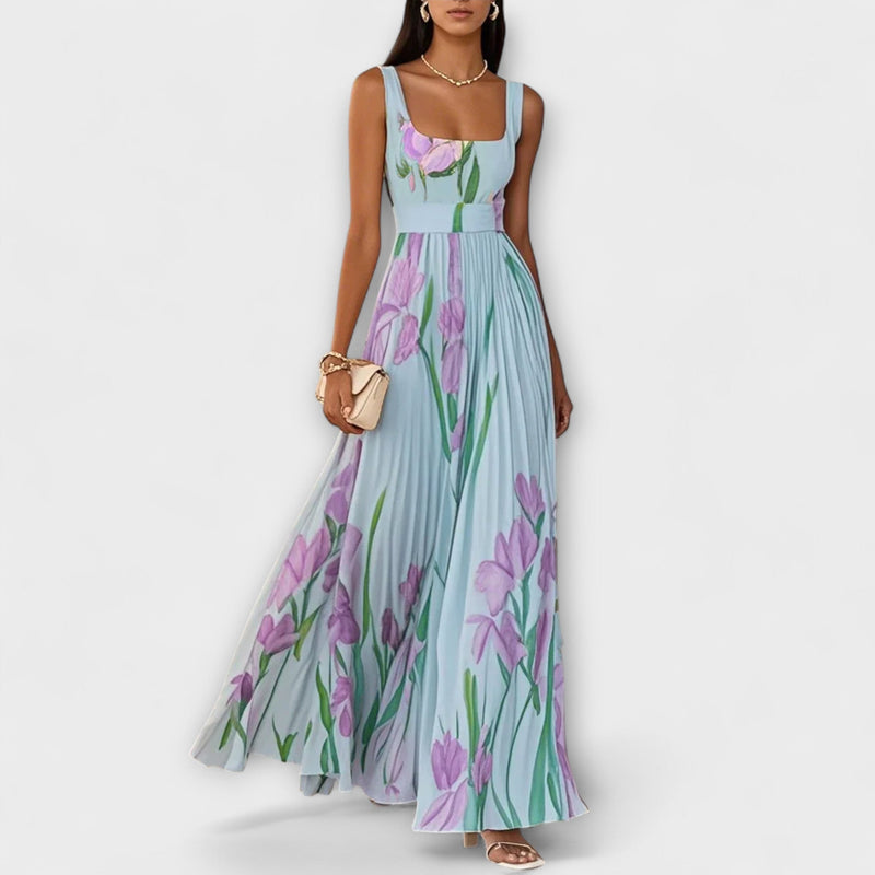 Penelope™ | Long chiffon dress with pleated flowers