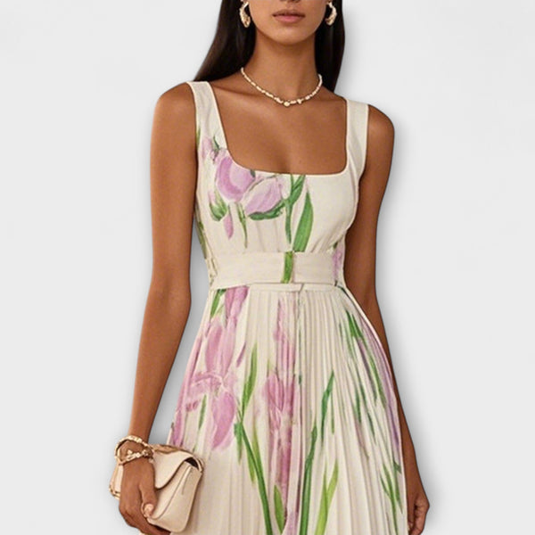 Penelope™ | Long chiffon dress with pleated flowers