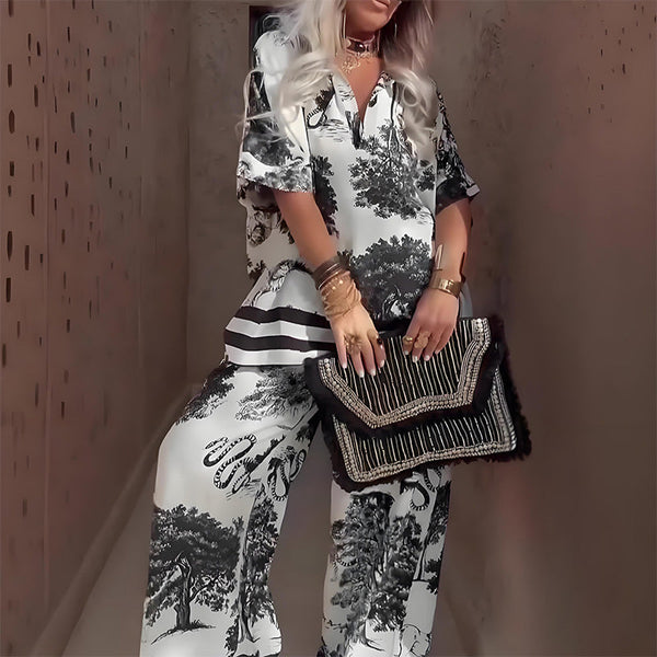 Top stampato con scollo a V + pantaloni lunghi 